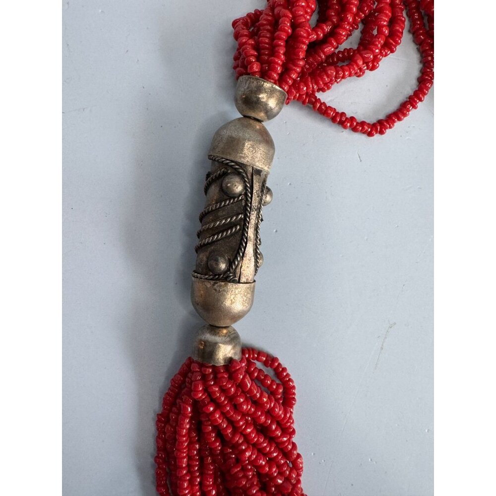 Vintage 1960s Tribal Red Coral Seed Beaded MultiStrand Necklace Oxidized Silver - Picture 4 of 8
